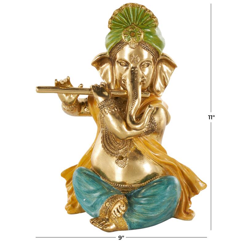 Gold Resin Musician Ganesh Decorative Sculpture with Green, Yellow, and Teal Accents