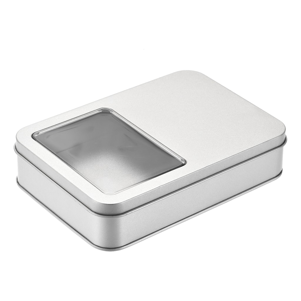 Metal Tin Box, 6.3" x 4.33" x 1.38" with Clear Window Lids, Silver Tone - Silver Tone