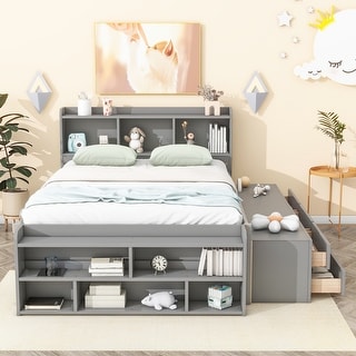 Full Size Wood Platform Bed with Bookcase Headboard and 6 Drawers