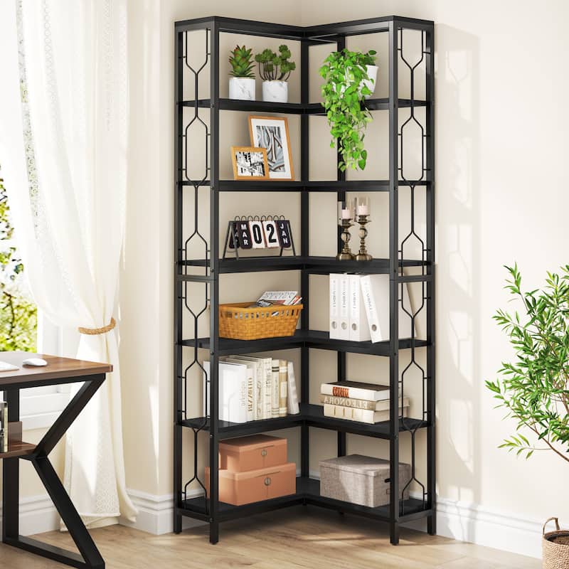 7-Tier Corner Bookshelf, White Corner Shelf Modern Etagere Bookcase
