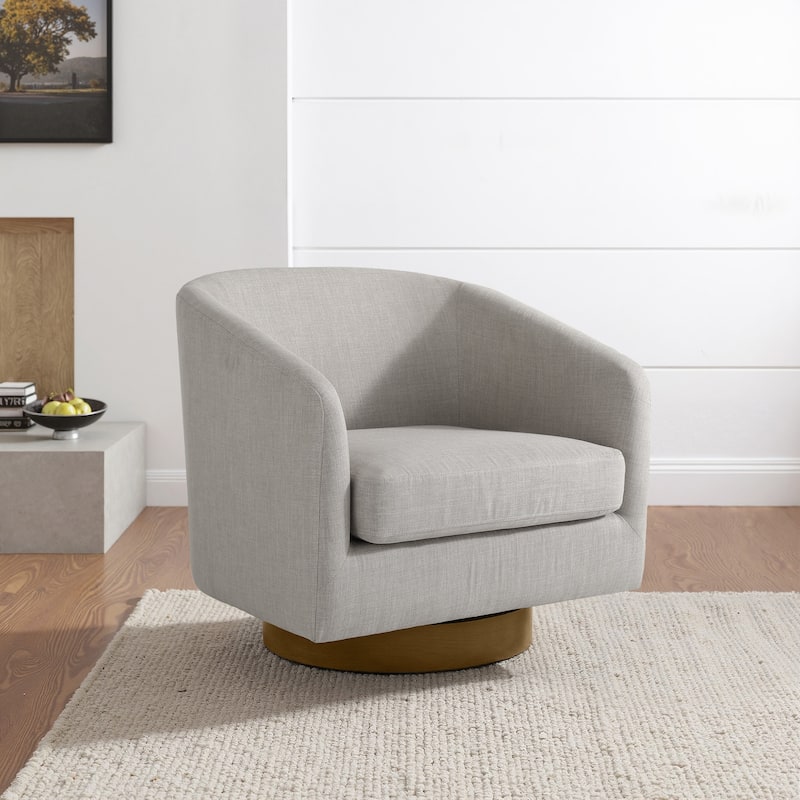 Faux Leather Wide Seat Swivel Barrel Chair - Single/Brown Base - Khaki/Linen