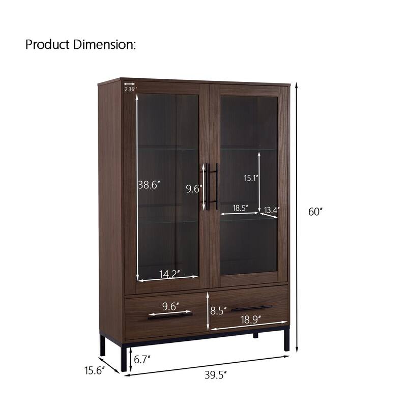 60'' Tall Display Cabinet with Tempered Glass Door, LED Lighting, 2 Drawers, Modern Storage Cabinet Book Display Cabinet