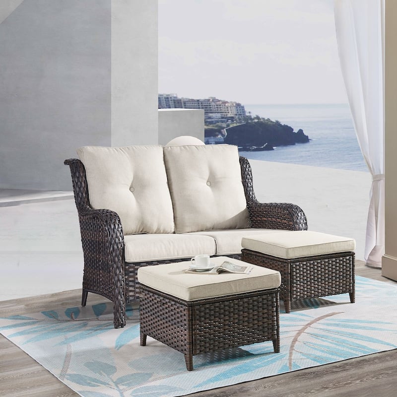 Gymojoy 3-Piece Outdoor Wicker Patio Furniture with Loveseat, Rattan Coversation Set with Water Resistant Thick Cushions - Brown Wicker / Beige Cusion - 3-Piece