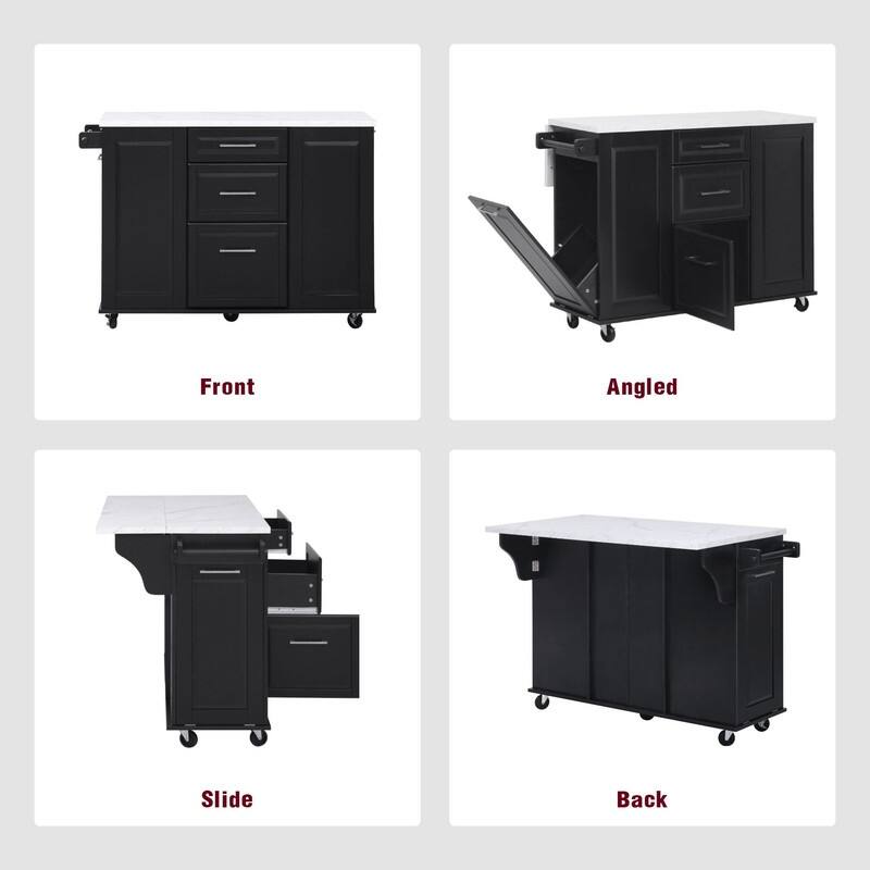 50.7" Kitchen Island with Storage and Concealed Trash Can, Rolling Kitchen Island on 5 Wheels with Drop Leaf, Drawers and Door