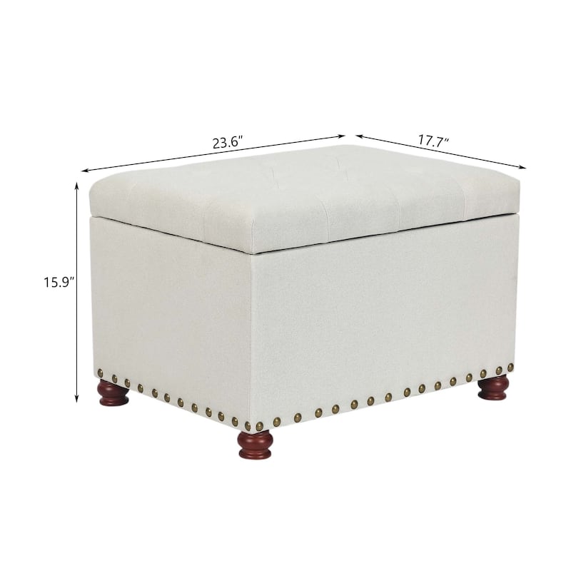 Adeco Storage Ottoman Tufted Linen Wood Bench with Nails