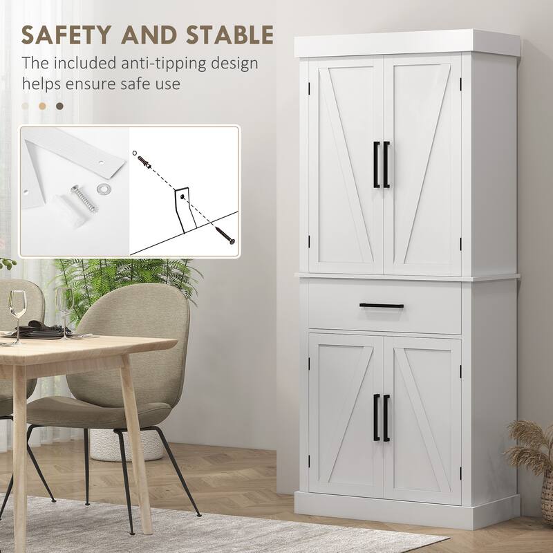72" Tall Kitchen Pantry Storage Cabinet, Farmhouse Freestanding Kitchen Cabinet with 4 Barn Doors, Drawer