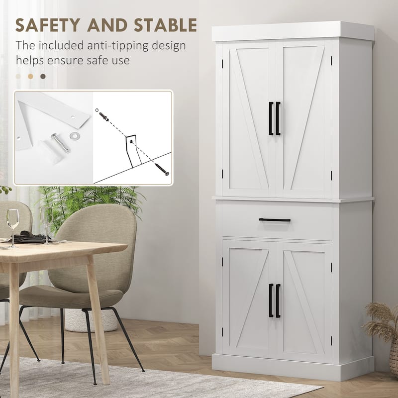 Tall Kitchen Pantry Storage Cabinet, Freestanding Buffet Cabinet with 4 Barn Doors and 5-Tier Adjustable Shelves
