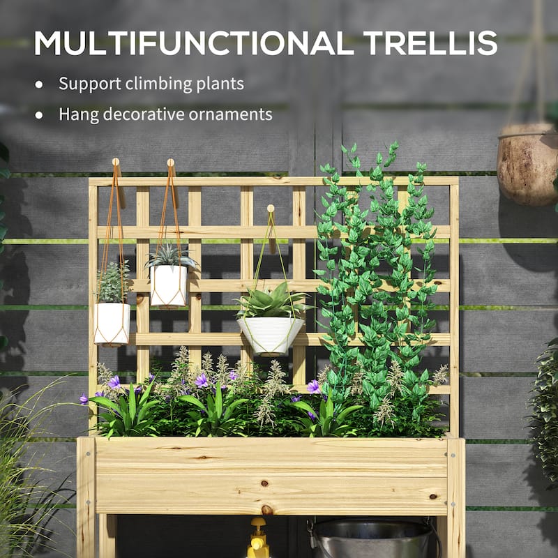 Outsunny Wooden Raised Garden Bed with Trellis, Elevated Planter Box with Storage Shelf, Outdoor Flower Box