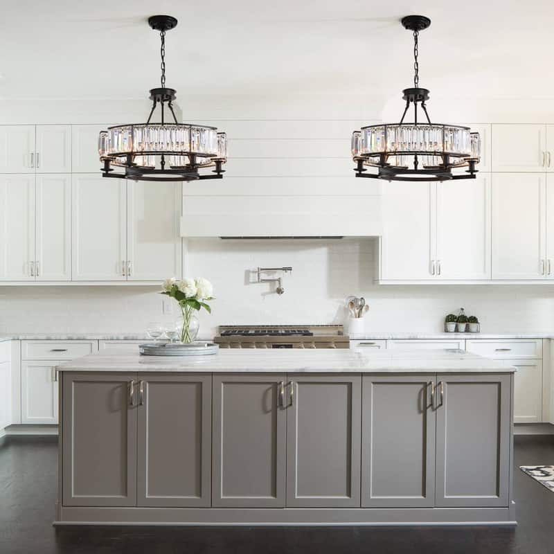 26 in. 6-Light Modern Farmhouse Crystal Chandelier Black Drum Kitchen Island Pendant Light
