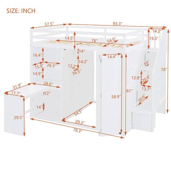 Multi-Functional Full Size Bunk Bed with Transformative Wardrobe Space, Integrated Workspace and Shelves, Space-saving, White