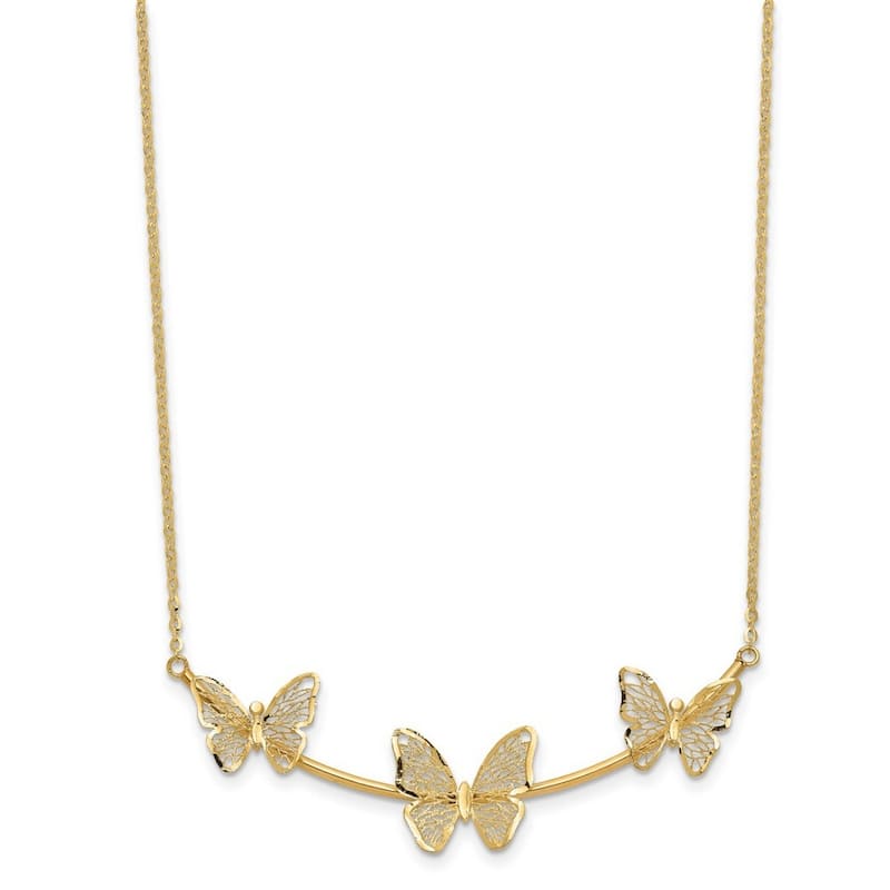 Curata 14k Yellow Gold Filigree 13.25mm Butterfly Necklace, 17+2"