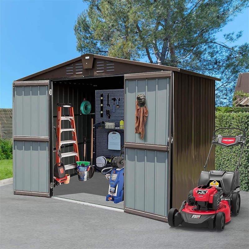 Rust-Resistant Metal Storage Shed with Double Lockable Doors & Air Vents, Water-proof Garden Shed Pet Shed, UV-Proof - Brown