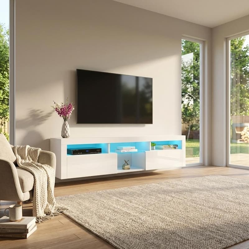 Meble Furniture Bari 200 Wall Mounted Floating 79" TV Stand - Modern Entertainment Center for up to 90" TVs with 16-Color