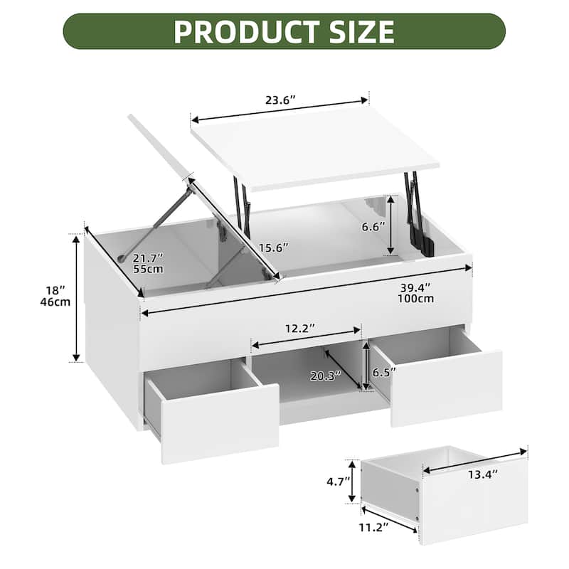Moasis Modern Glossy Lift Top Coffee Table with Drawers and Hidden Compartment