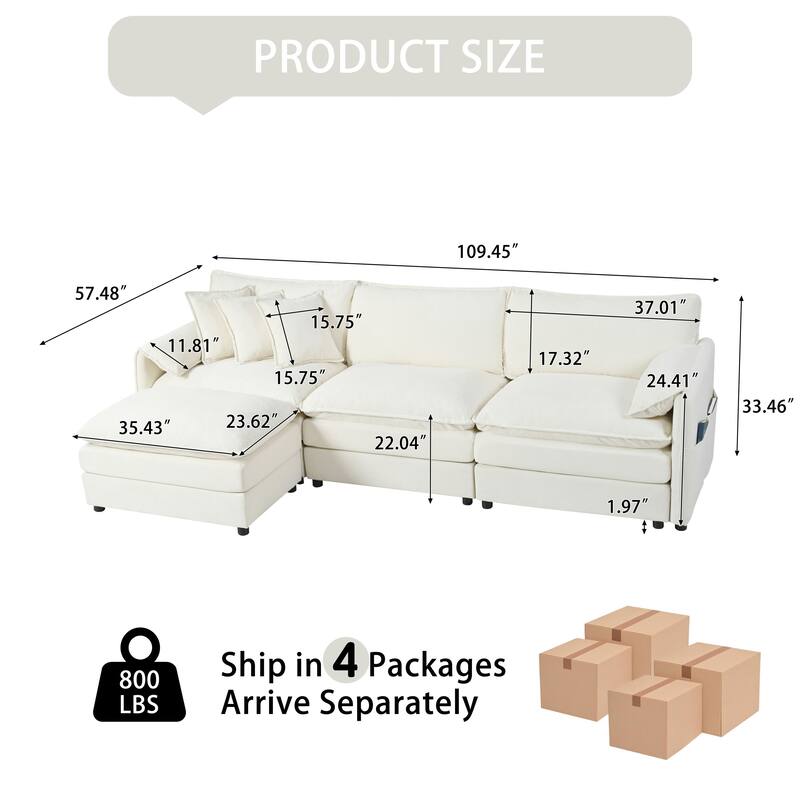 110" Modular 3-Seater Sectional Sofa Oversized Deep Seat L Shaped Couch Set with Movable Ottoman and 3 Pillows