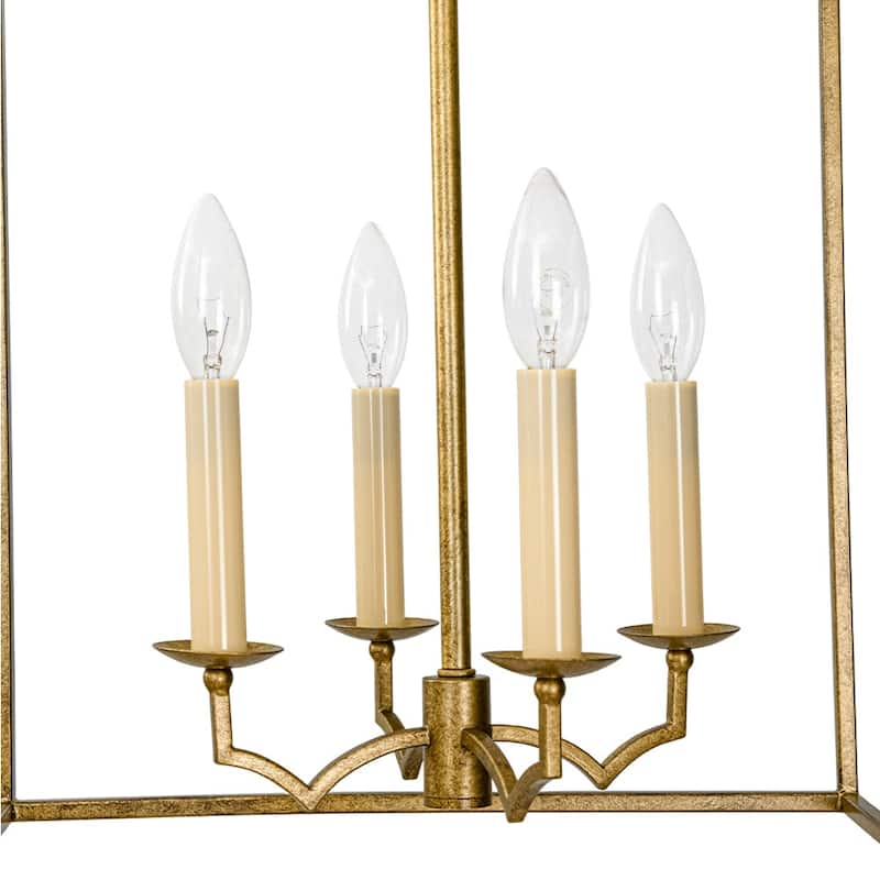 Vintage 4-Light Candle Aged Gold Iron Square Cage Pendant Lantern