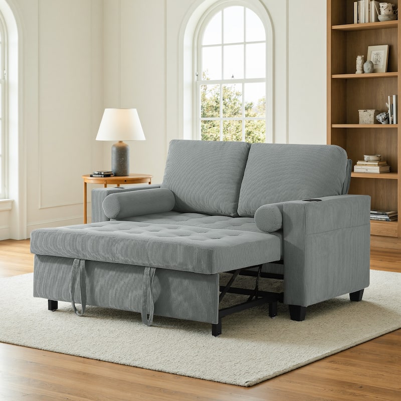 Corduroy Convertible Loveseat Sofa Bed Recliner with Cup Holder, USB Ports - Light Grey