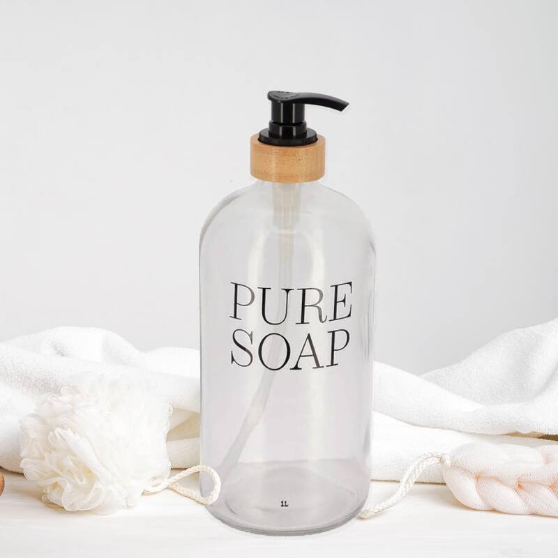 Glass and Bamboo Soap Dispenser PURE SOAP 17 or 34 FL OZ - Clear