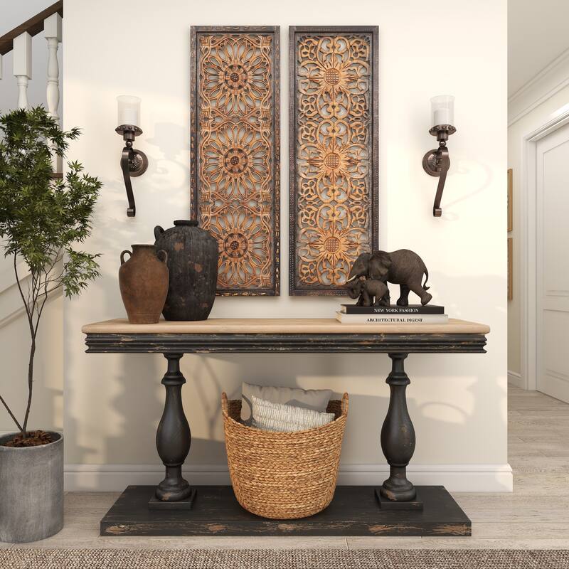 Brown Metal Studded Pillar Scroll Wall Sconce - 6 x 5 x 20