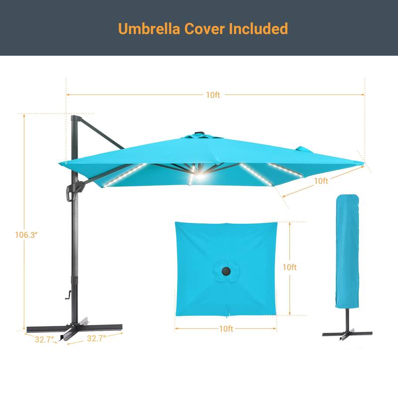 LIVOOSUN 10x10ft LED Cantilever Patio Offset Hanging Umbrellas