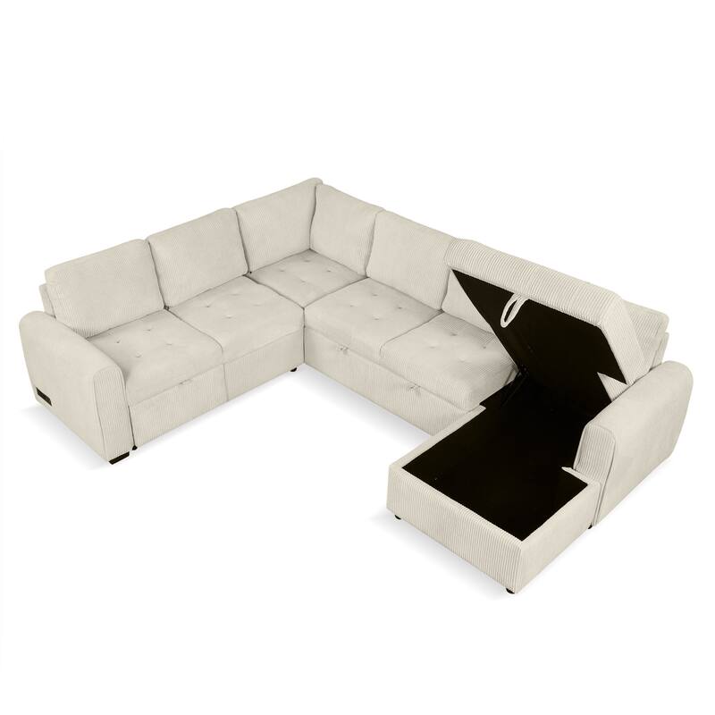 Convertible Sectional Sleeper Sofa with Pull Out Bed, Storage Chaise & Charging Devices, Oversized Corduroy U-Shaped Cloud Sofa