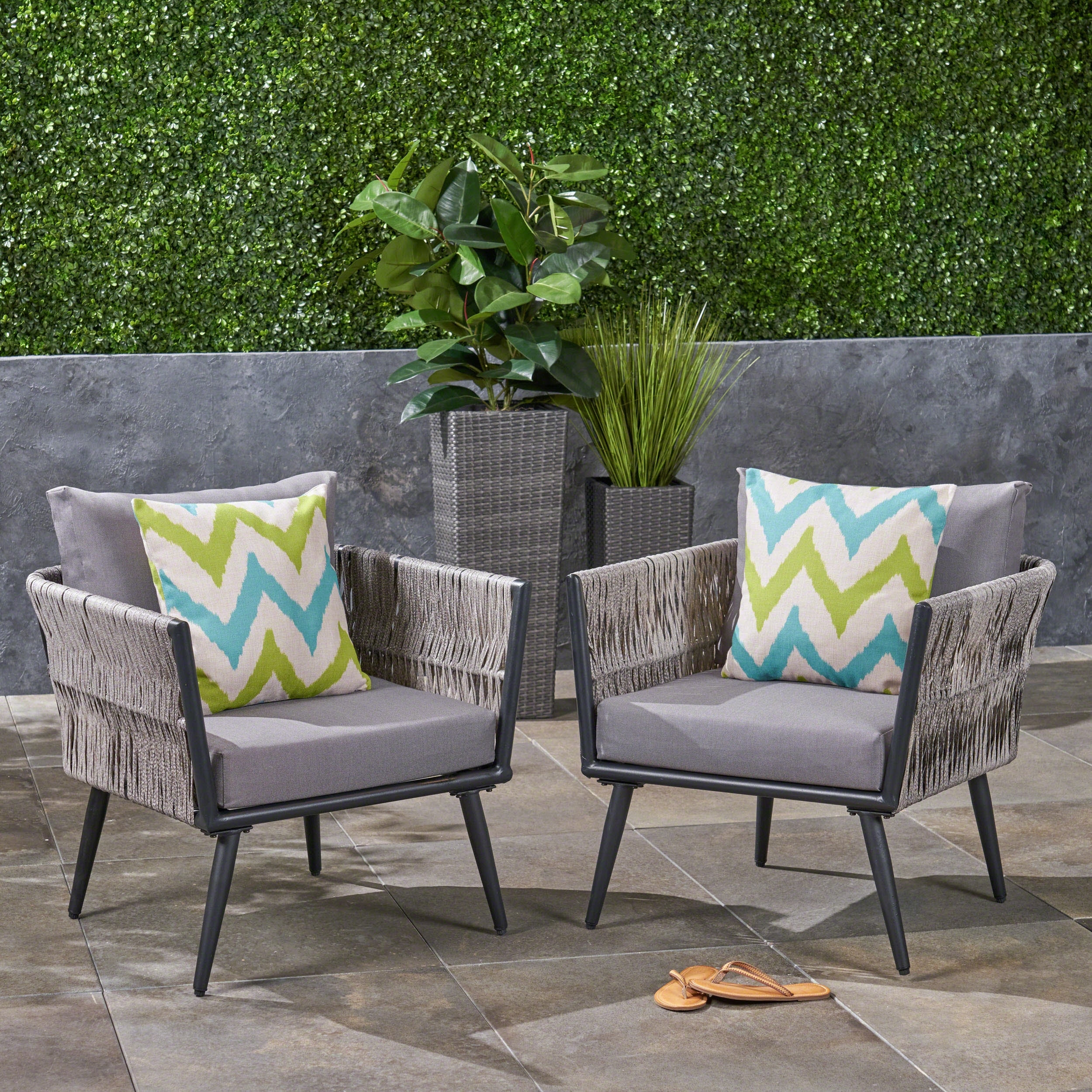 Oceanus Outdoor Gray Wicker Club Chairs with Cushions by Christopher Knight Home