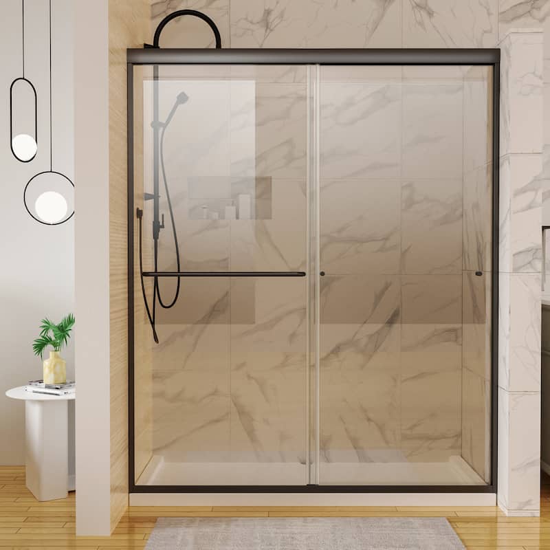 60''x72'' Double Sliding Semi-Frameless Shower Door with 6mm Tempered Glass - Black