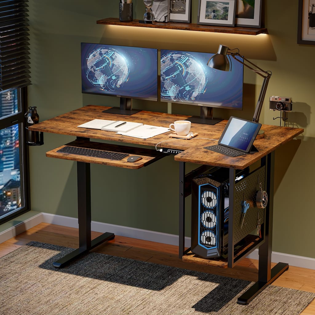 57 inch Electric Standing Desk Adjustable Height L Shaped Desk with Keyboard Tray and Host Shelf