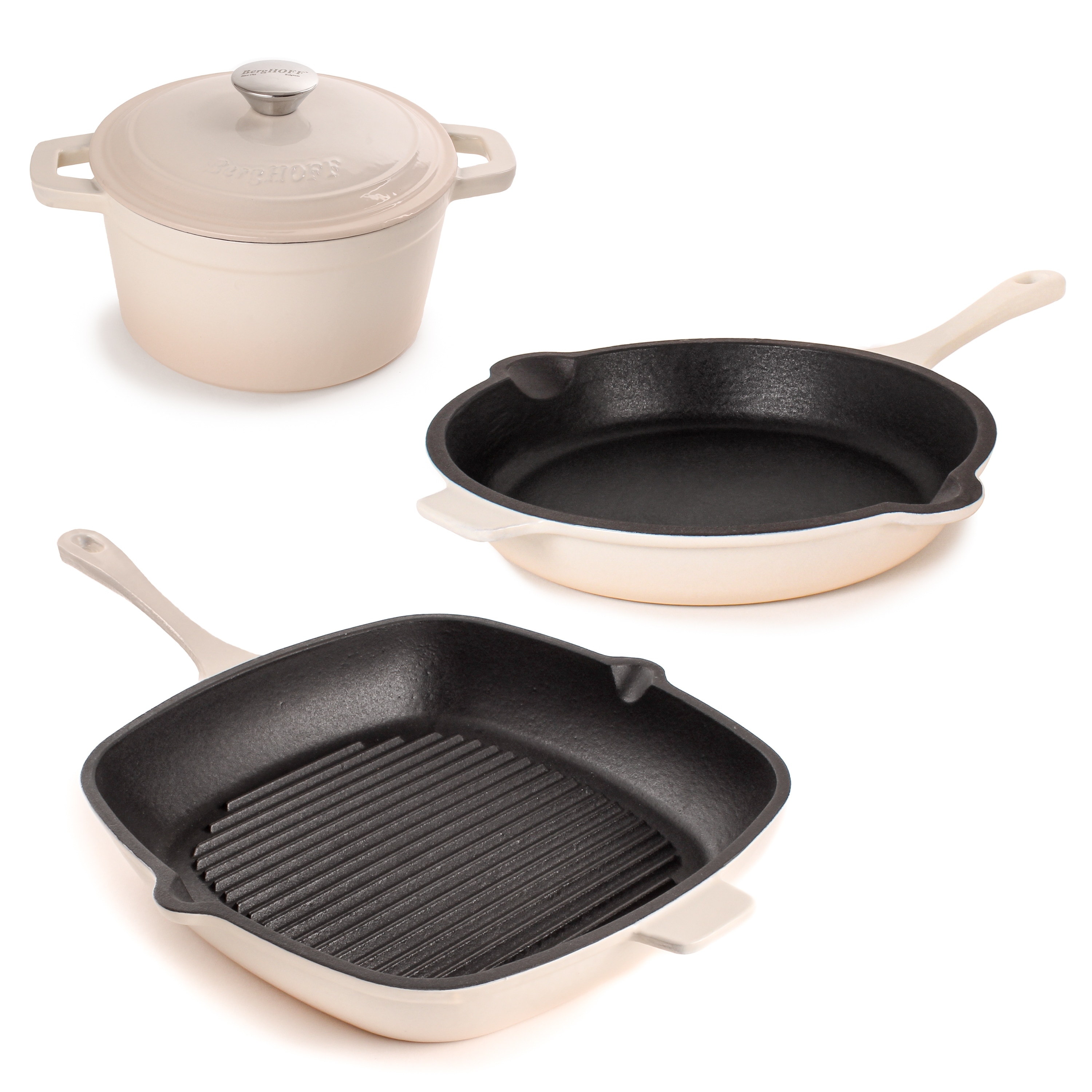 Neo Cast Iron Grill Pan, Fry Pan and 3 Quart Dutch Oven, Set of 3