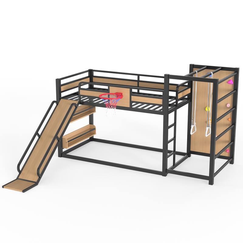 Full/Twin Metal Loft Bed with Basketball Hoop, Climbing Wall & Slide