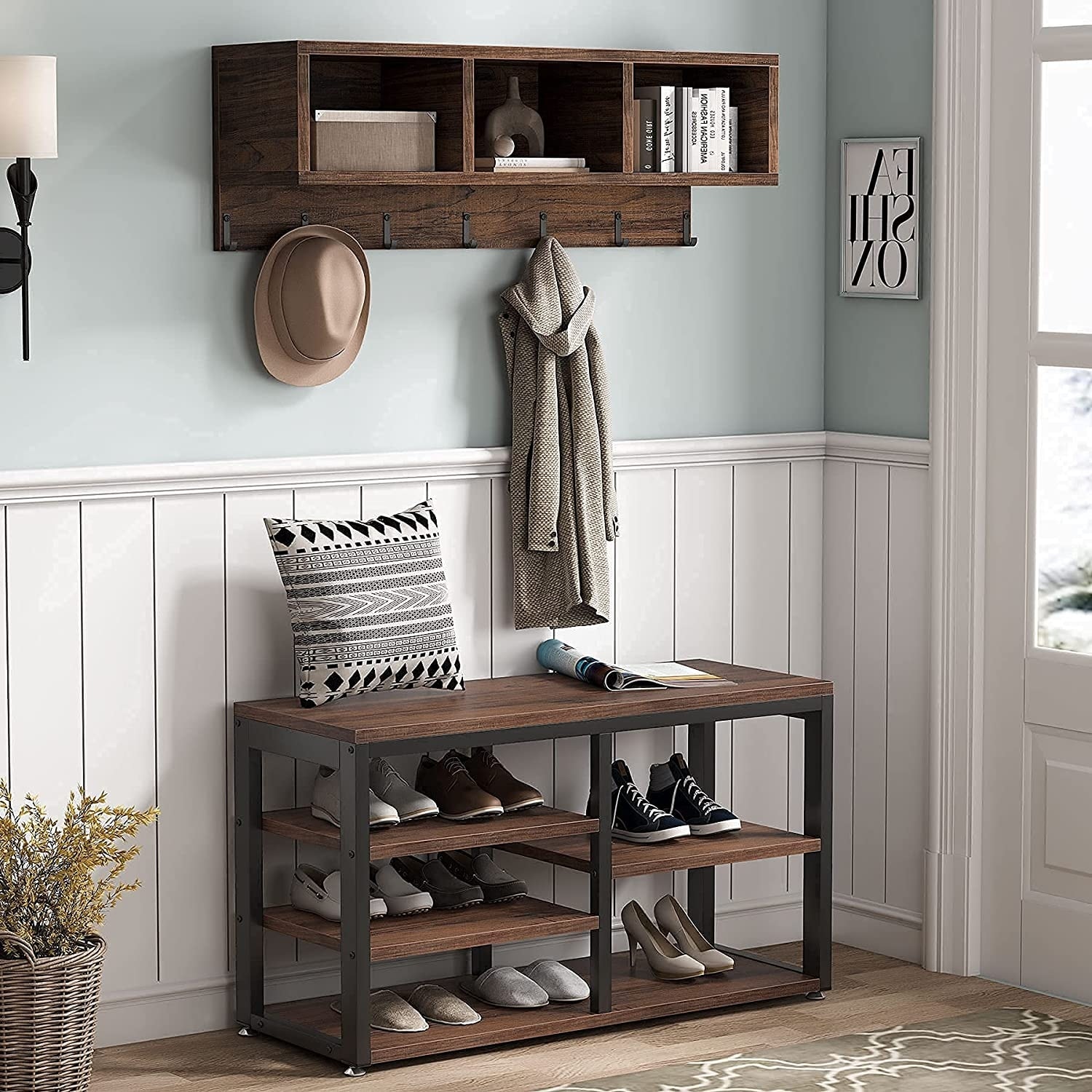 Entryway Coat Rack Shoe Bench Set Industrial Hall Tree Coat Shoe