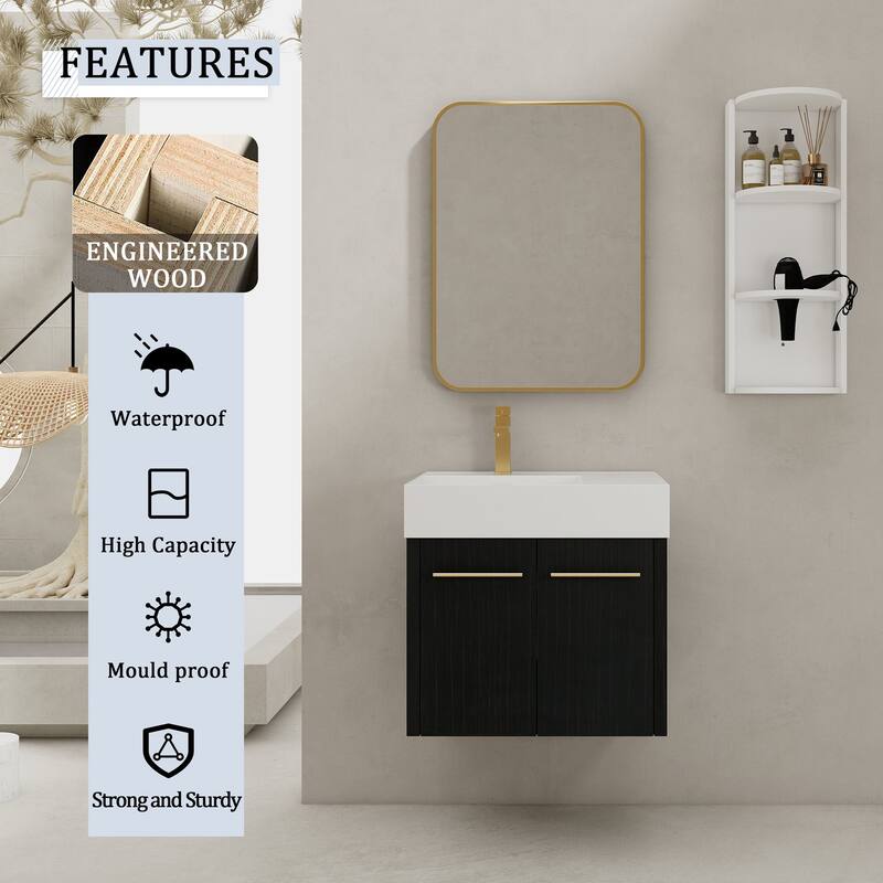 Wall mounted bathroom vanity with sink and storage shelf