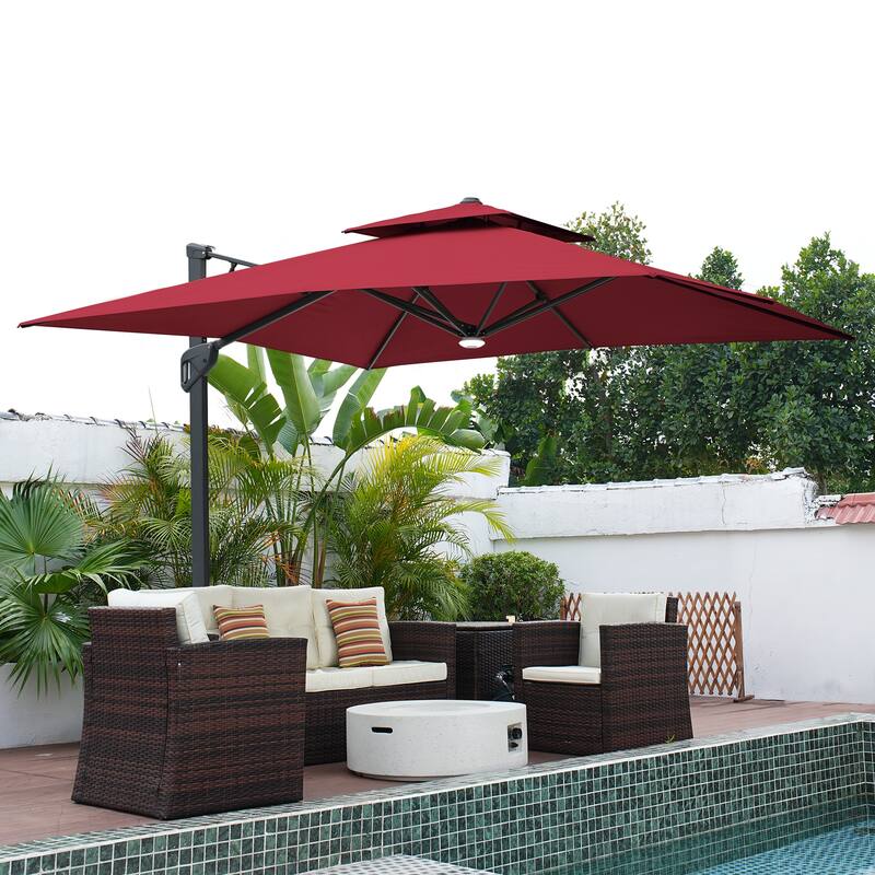 10FT Patio Cantilever Umbrella with Bluetooth Speaker & Lighting (Includes Base) - Red