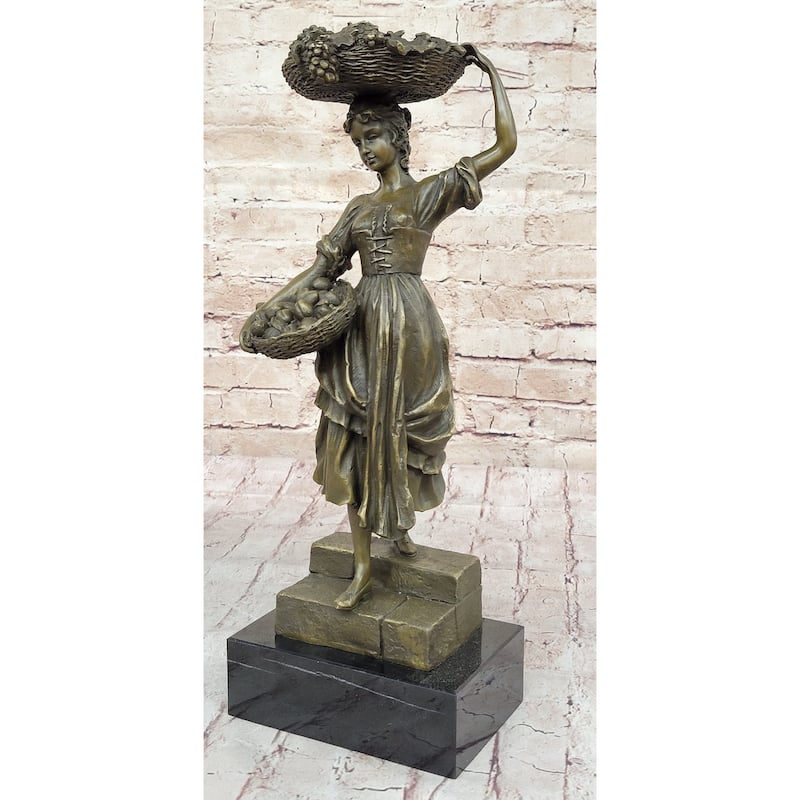 Girl Carrying Basket Of Fruit - Hot Cast Bronze Original Sculpture On Marble Base
