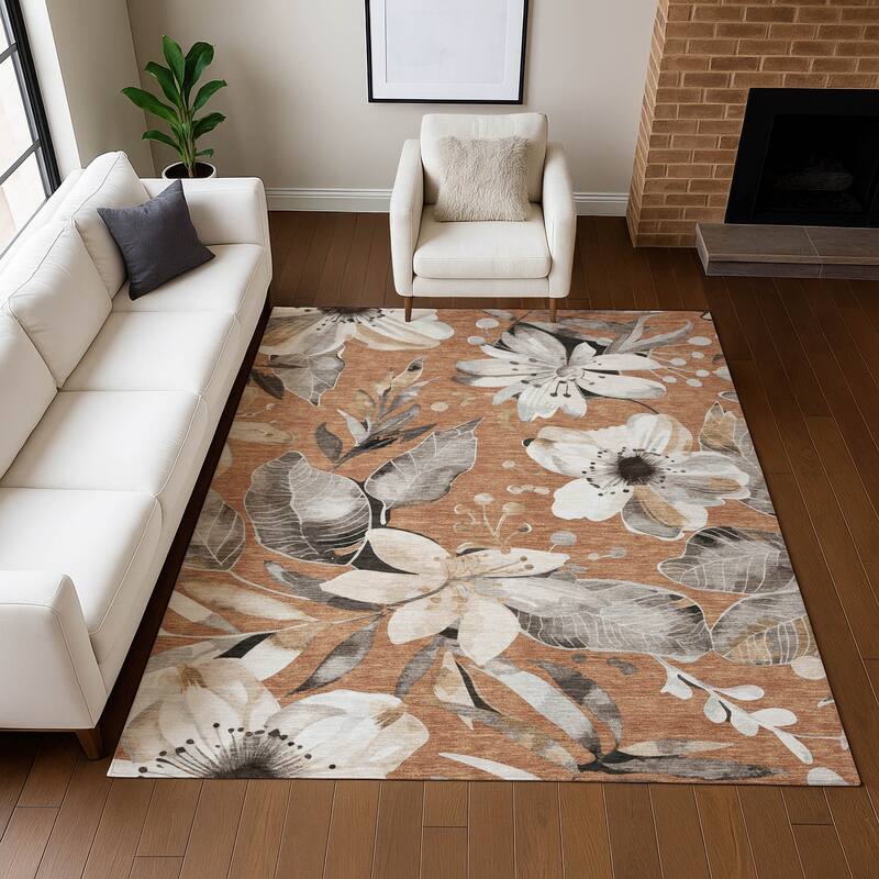 Machine Washable Indoor/ Outdoor Floral Chantille Rug