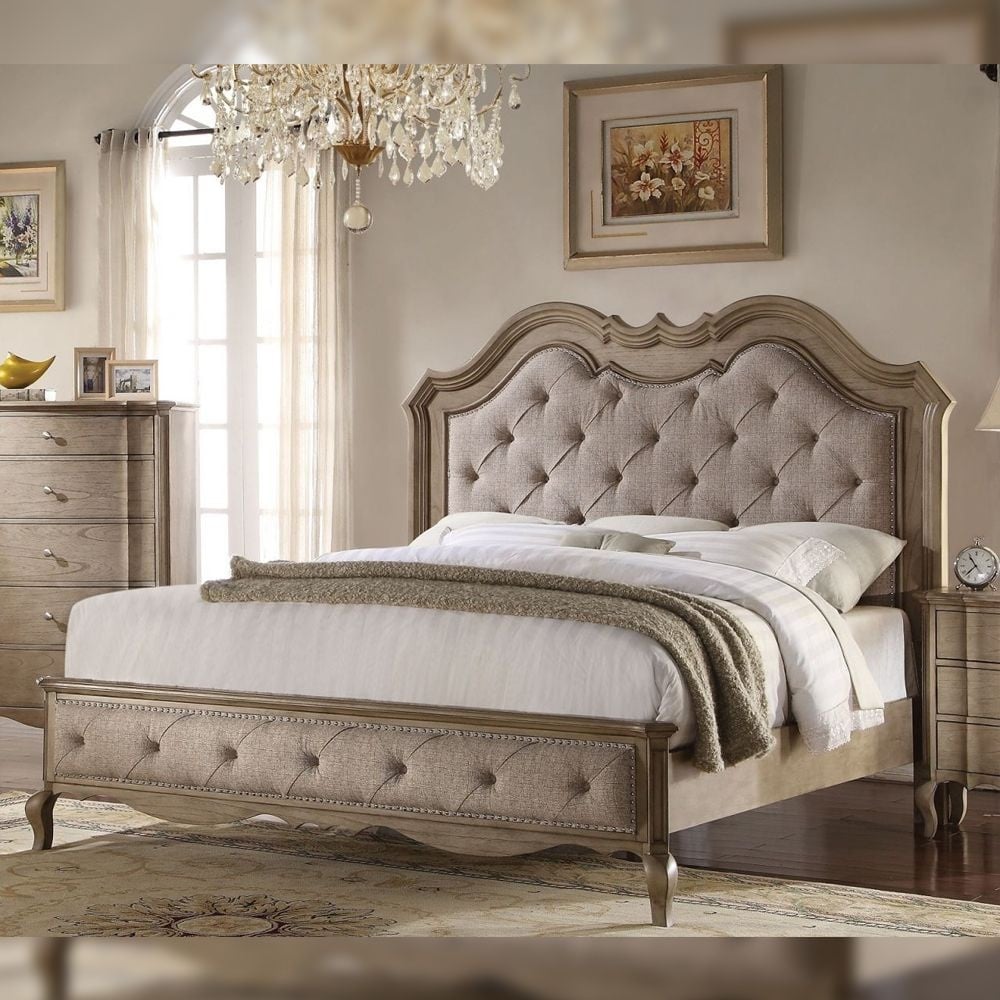 Acme Furniture Chelmsford Bed, Tan Fabric and Antique Taupe - On