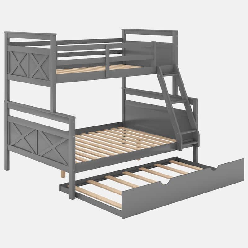 Twin over Full Bunk Bed with Ladder, Twin Size Trundle, Safety Guardrail,