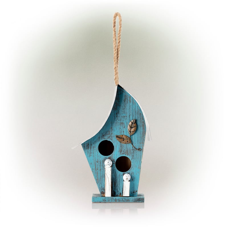 Alpine Corporation 12" Tall Outdoor Hanging Wood and Metal Birdhouse, Blue