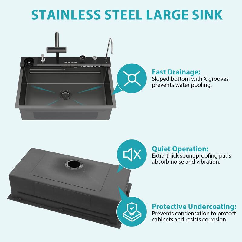 30" Drop-In 16 Gauge Single Bowl Stainless Steel Smart Digital Kitchen Sink with Faucet in Gunmetal Black - 30'' x 19'' x 9''