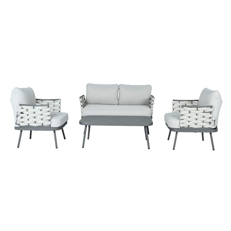 Roomfitters Steel 4-Piece Outdoor Conversation Set with Woven Rope Armrests and Cushions