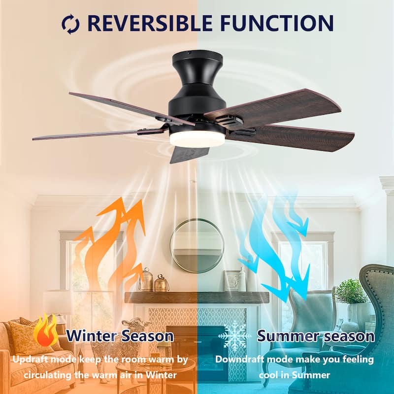 Ceiling Fans with Lights, 42 inch Low Profile Ceiling Fan with Light and Remote Control, Flush Mount, Reversible - Black