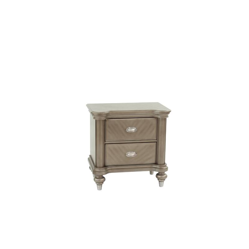 Contemporary Nightstand with Storage, Antique Silver/Champagne, Pine and Plywood, 2-Drawer Design