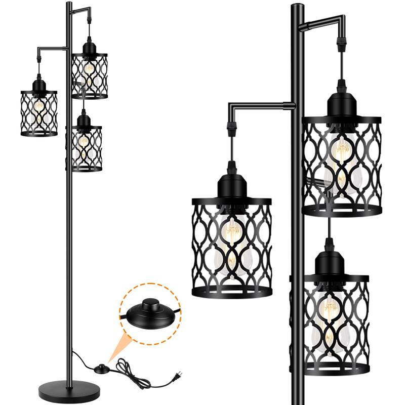 Industrial Floor Lamp, Metal Farmhouse Floor Lamp for Living Room, Rustic Standing Tall Lamp with 3 Elegant Cage Heads - Black - Black
