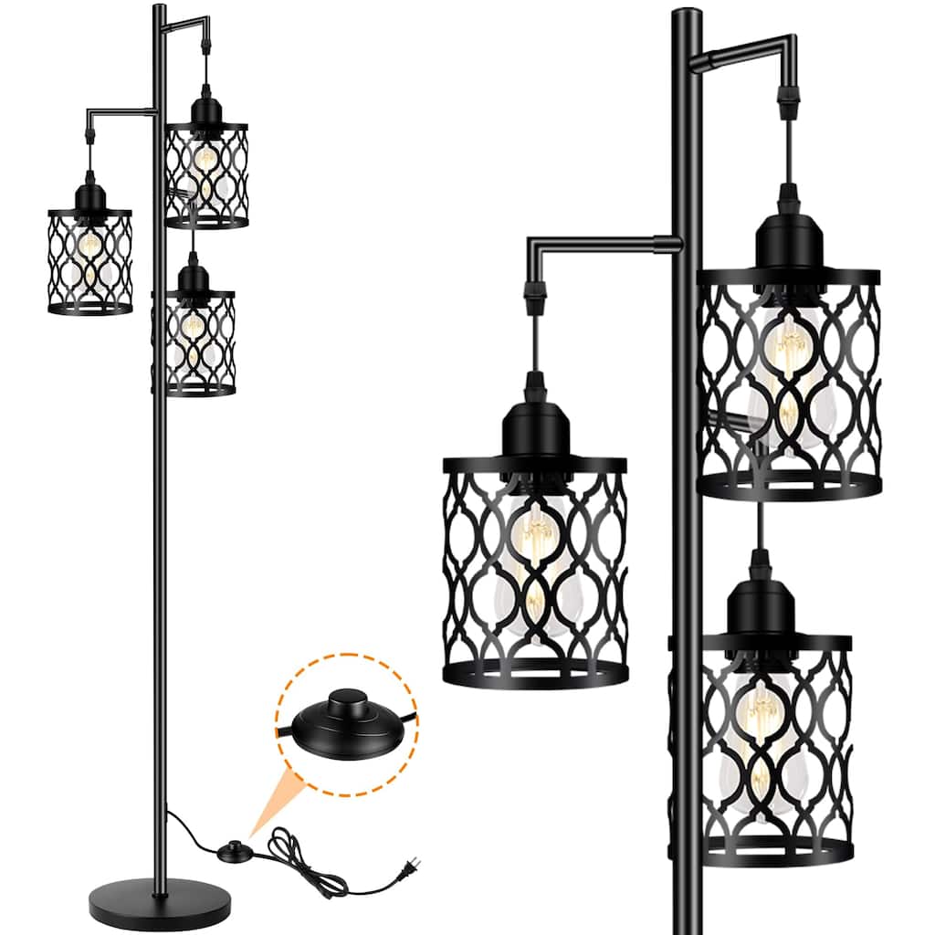 Industrial Floor Lamp, Metal Farmhouse Floor Lamp for Living Room, Rustic Standing Tall Lamp with 3 Elegant Cage Heads - Black