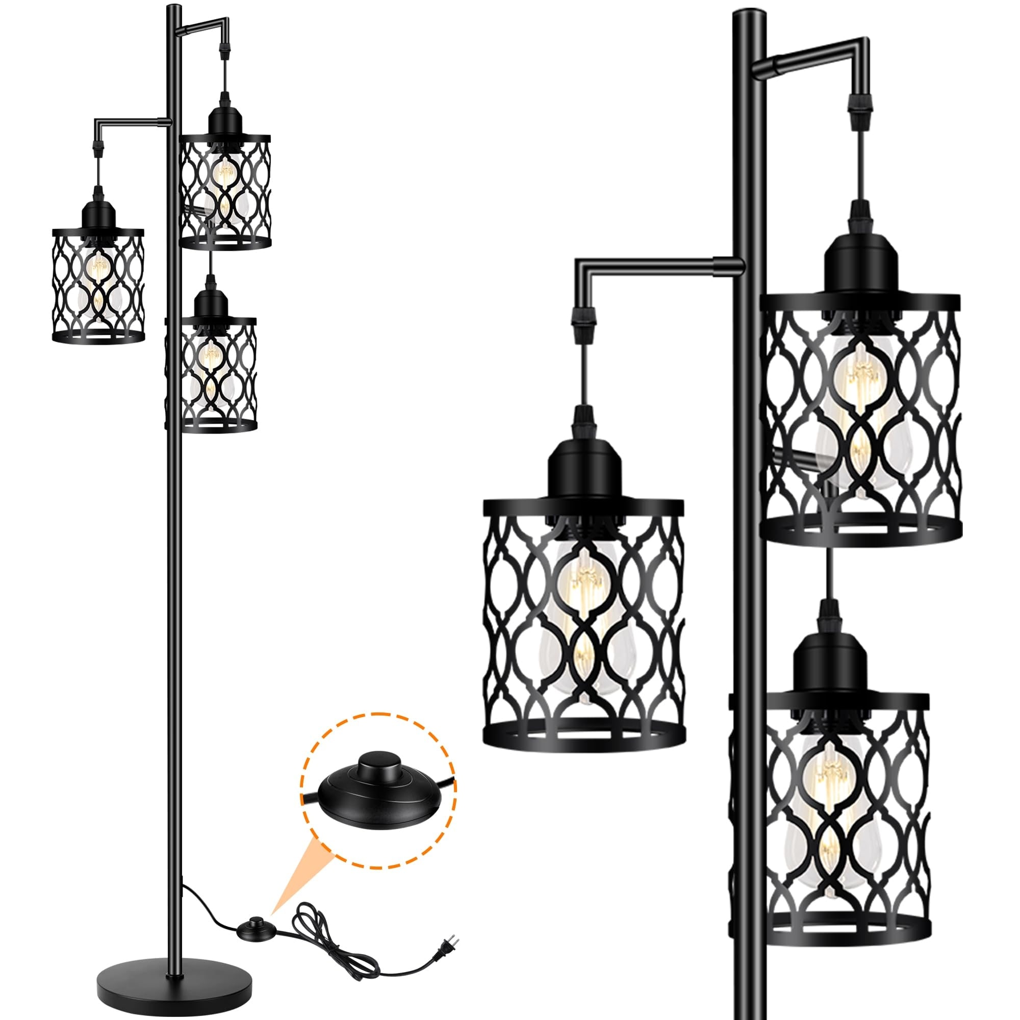 Industrial Floor Lamp Metal Farmhouse Floor Lamp for Living Room Rustic Standing Tall Lamp with 3 Elegant Cage Heads Black