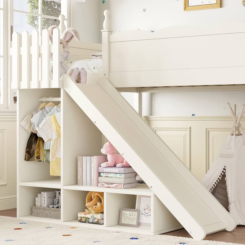 Twin Loft Bed with Storage Shelves and Wardrobe, Solid Wood Loft Beds with Detachable Slide and Ladders, No Spring Box Needed