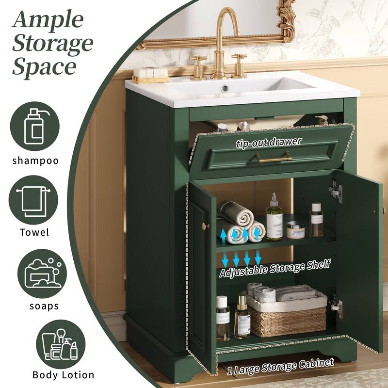 24" Bathroom Vanity with Integrated Ceramic Sink, 2 Doors & 1 Tip-Out Drawer for Small Bathrooms, Single Sink Vanity