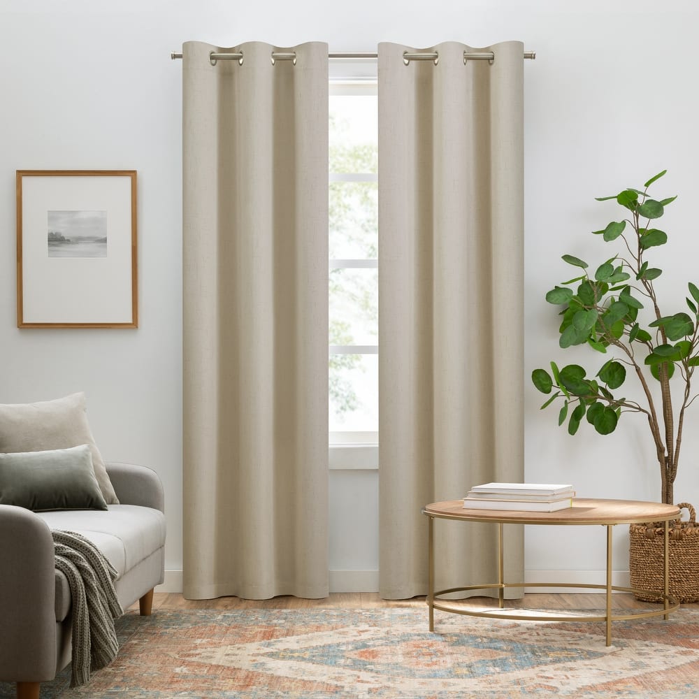 Eclipse Pembroke 100% Blackout Curtains, Faux Linen Grommet Window Curtains (2 Panels)