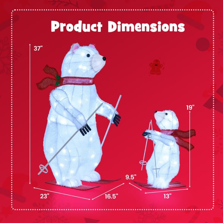 White-Red Metal Fabric Animated Skiing Polar Bears Christmas Decoration Set with 160 LEDs - 23" x 16.5" x 37"