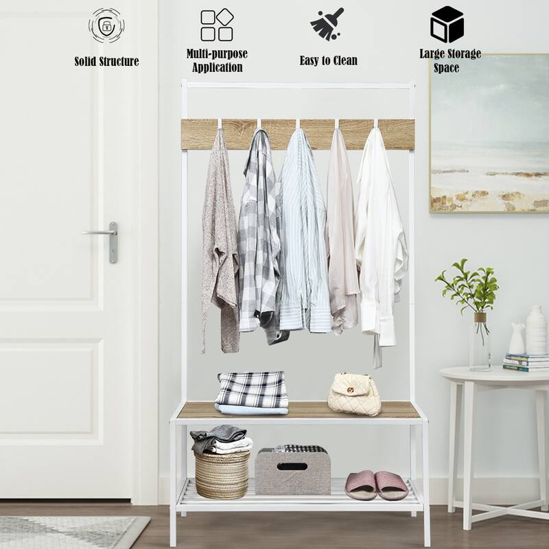 COSTWAY 3 in 1 Industrial Coat Rack Shoe Bench Entryway Hall Tree - 35.5'' x 16'' x 67'' (LxWxH)